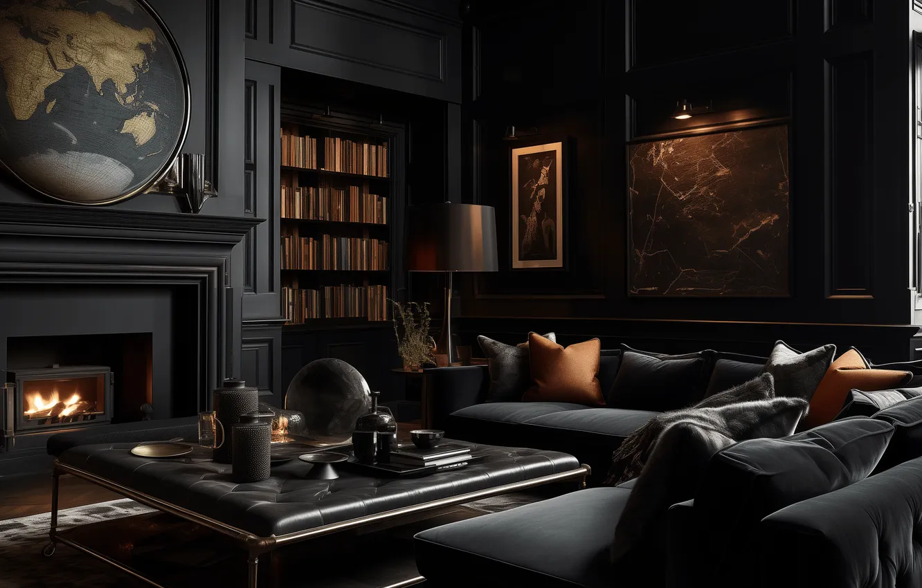 Photo wallpaper dark room, Gothic style, library, living room, upholstered furniture, black color in the interior, fireplace, …