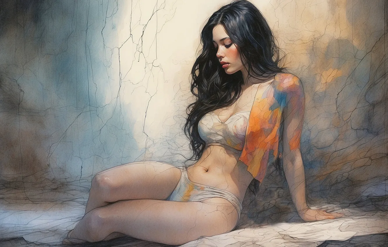 Photo wallpaper chest, look, girl, light, face, cracked, wall, feet