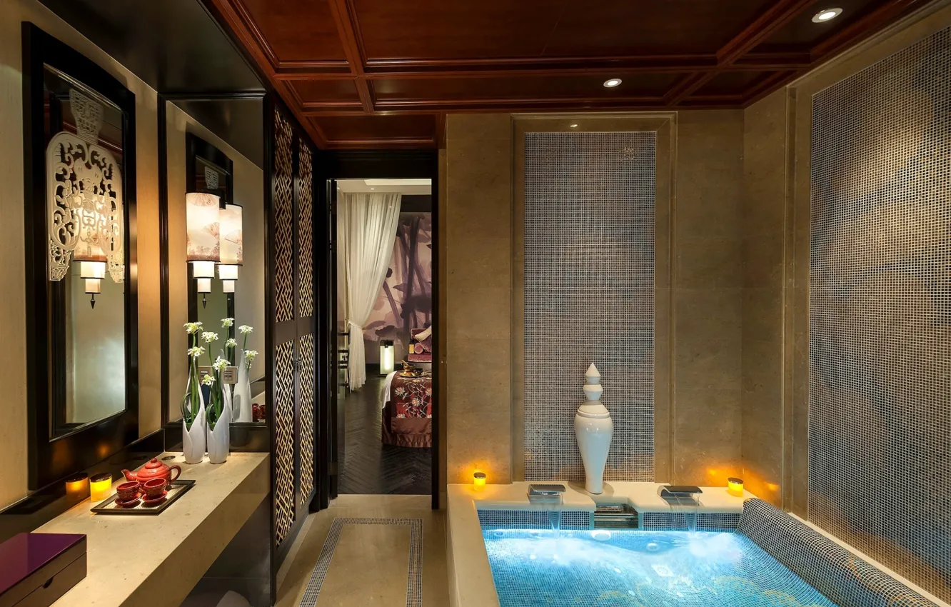 Photo wallpaper design, style, room, lamp, interior, mirror, Jacuzzi, bathroom