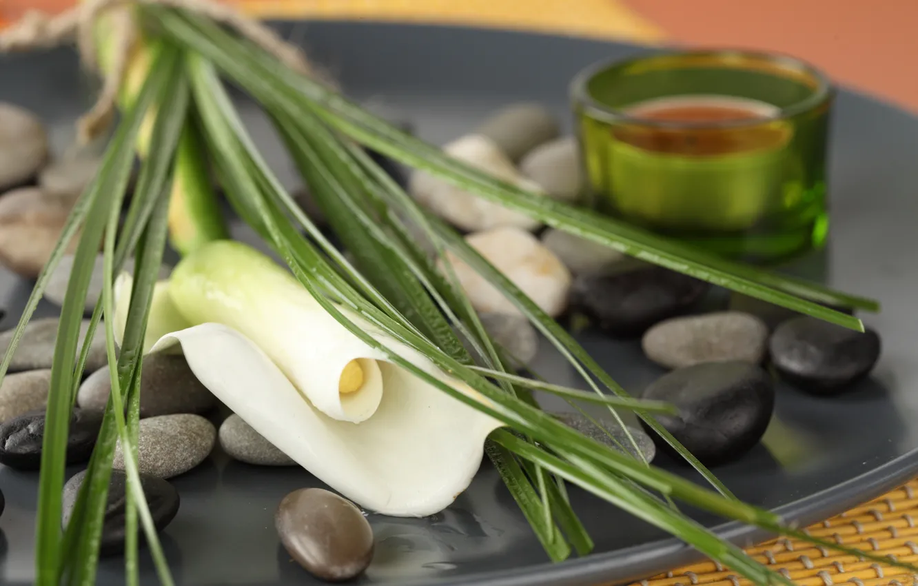 Photo wallpaper pebbles, stones, background, candles, Spa, tray, Mat, Calla lilies