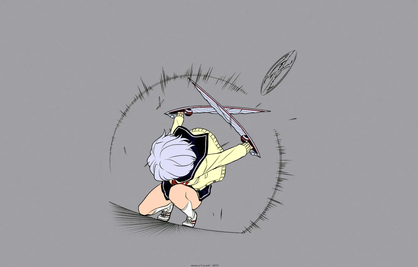 Photo wallpaper girl, sword, school uniform, minimalism, weapon, fighting, artwork, fantasy art