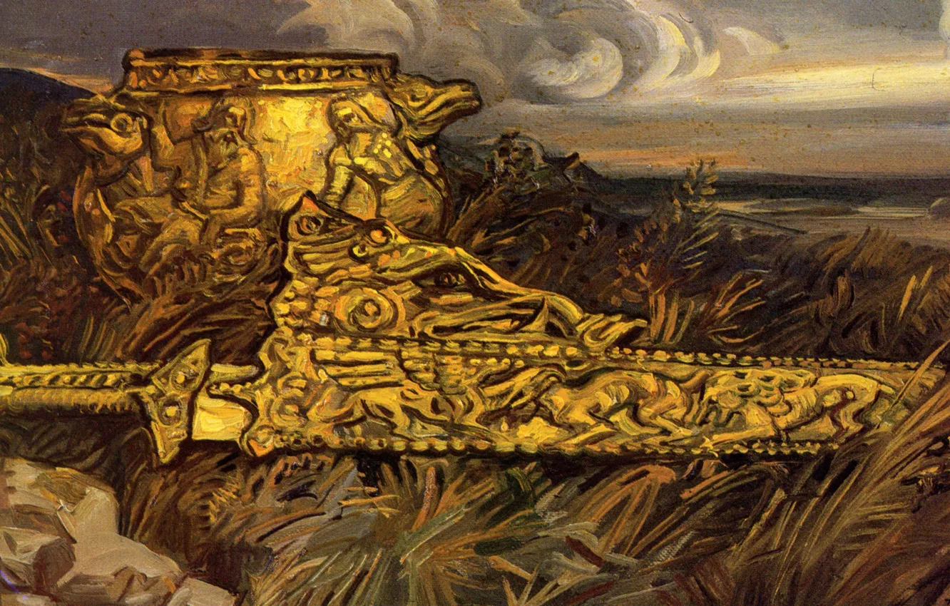 Photo wallpaper gold, sword, bowl, Klimenko Andrew, Dark antiquity riddles