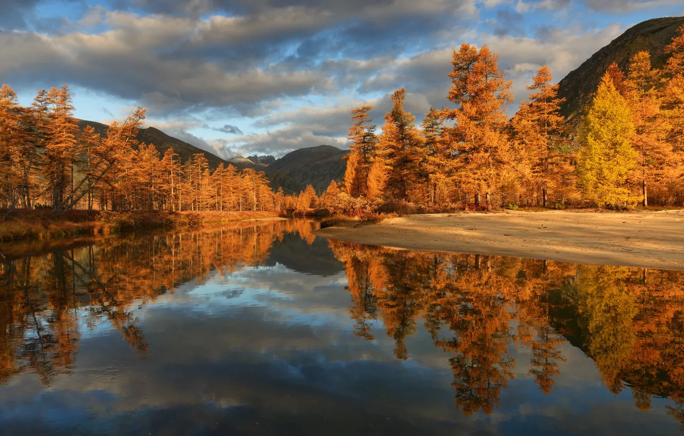 Photo wallpaper autumn, clouds, trees, mountains, reflection, river, Bank, Blizzard