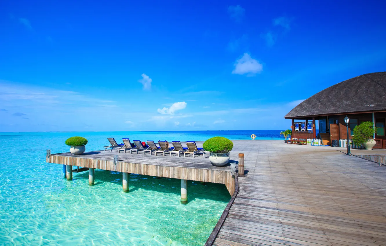 Photo wallpaper sea, the sky, the sun, tropics, horizon, The Maldives, resort, sunbeds