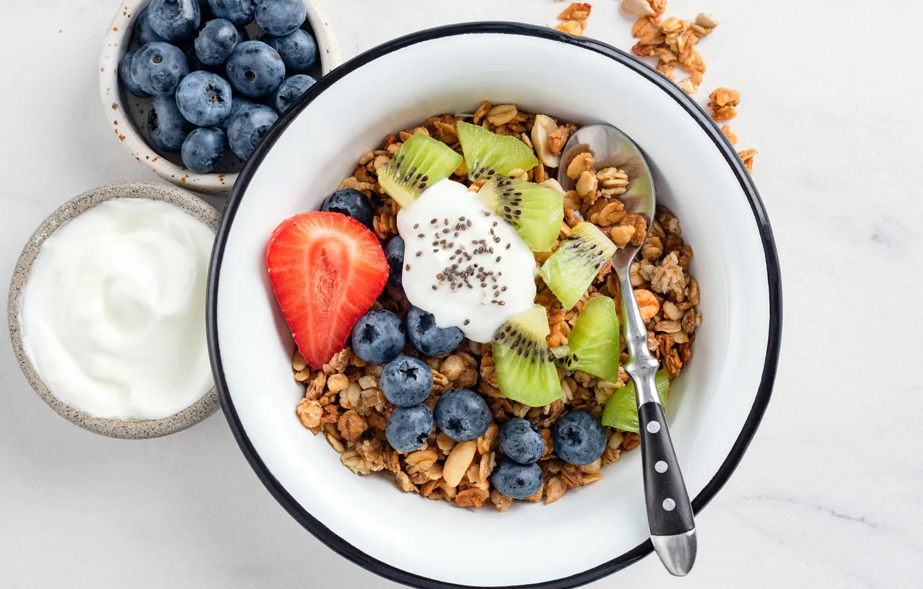 Photo wallpaper bowl, berries, kiwi, Breakfast, muesli