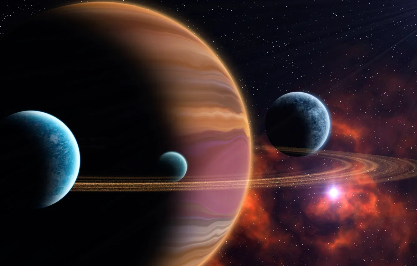 Photo wallpaper the sky, stars, rays, planet, satellite, ring