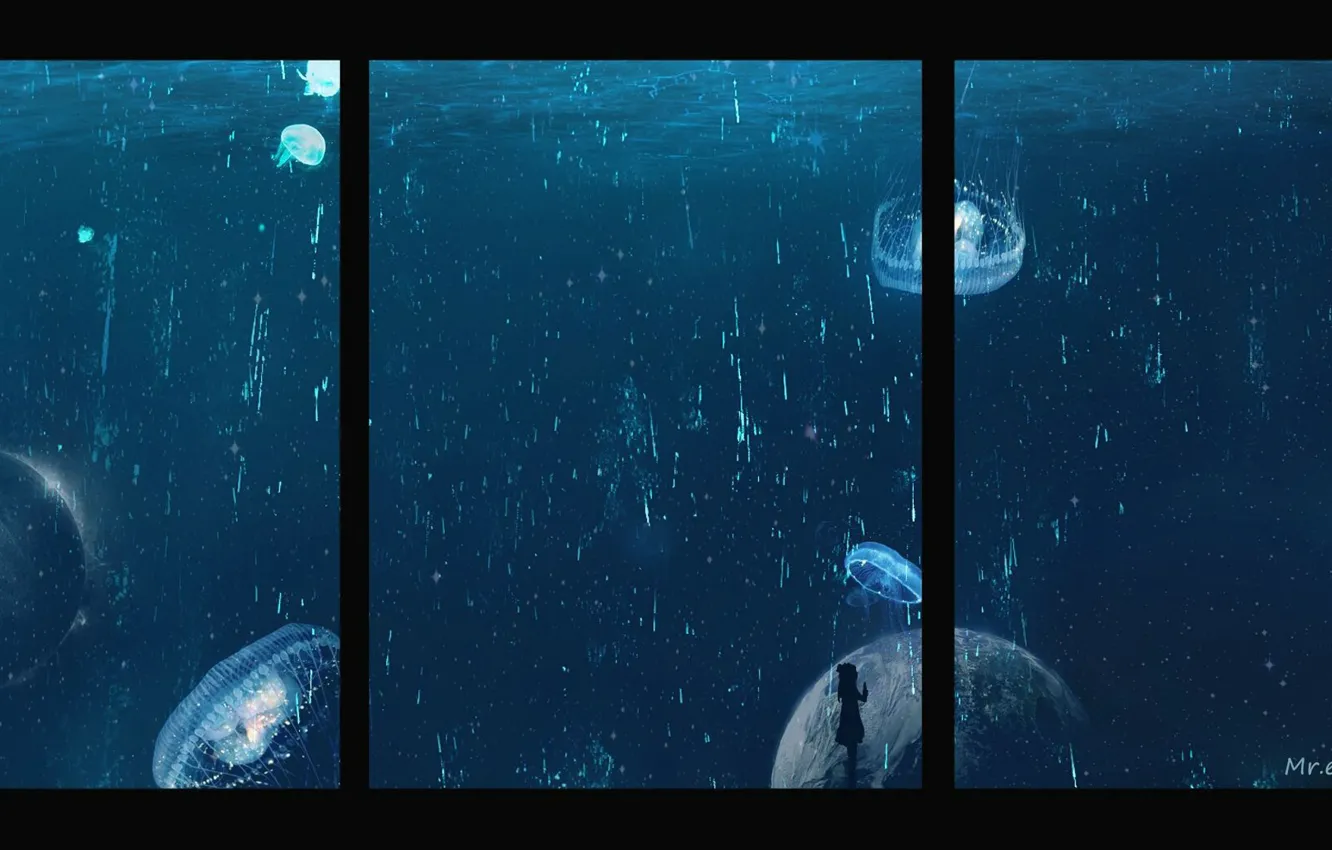 Photo wallpaper aquarium, jellyfish, girl, in the dark, air bubbles, aquarium