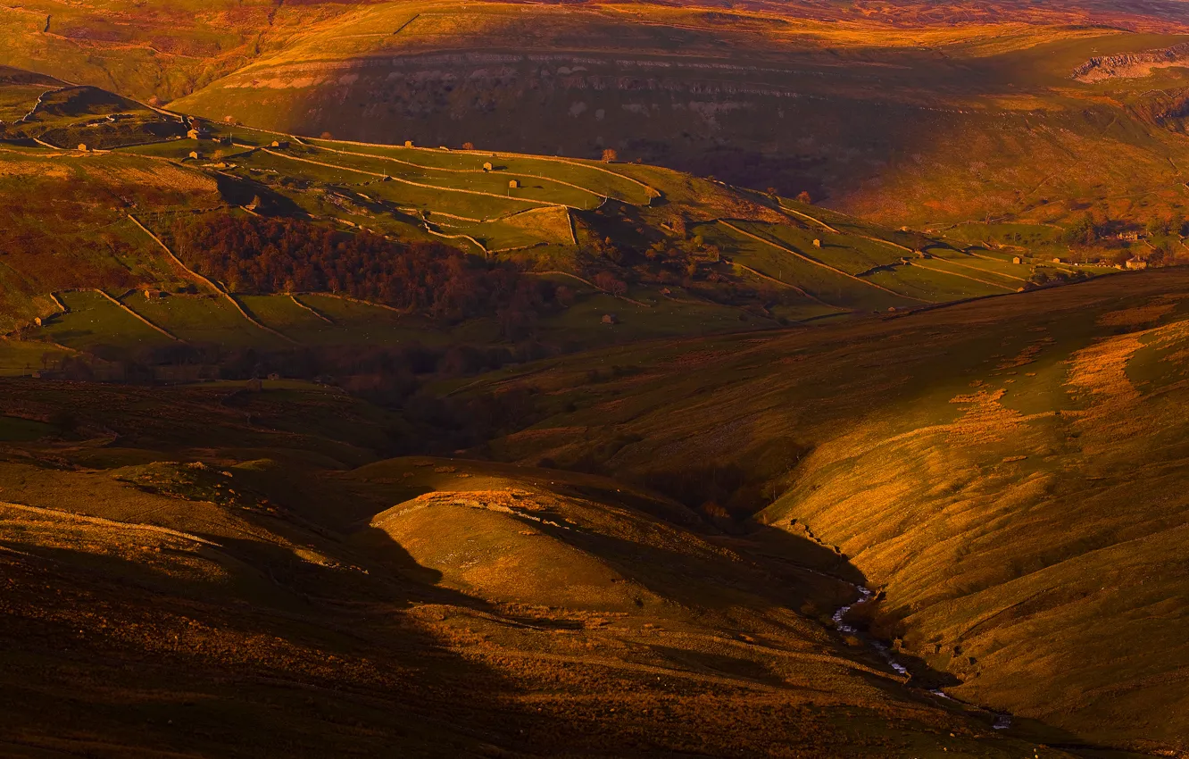 Photo wallpaper field, light, England, home, valley