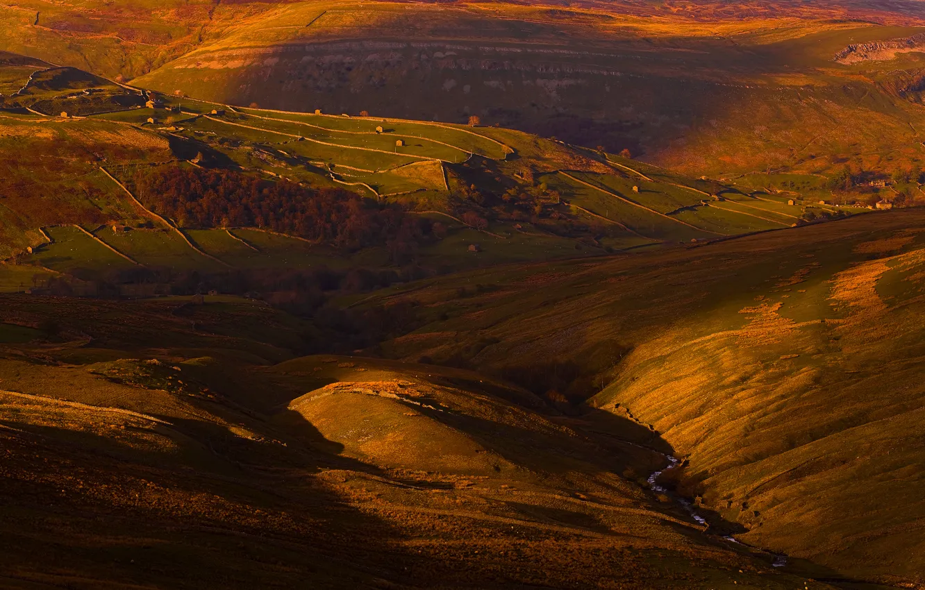 Photo wallpaper light, field, England, home, valley