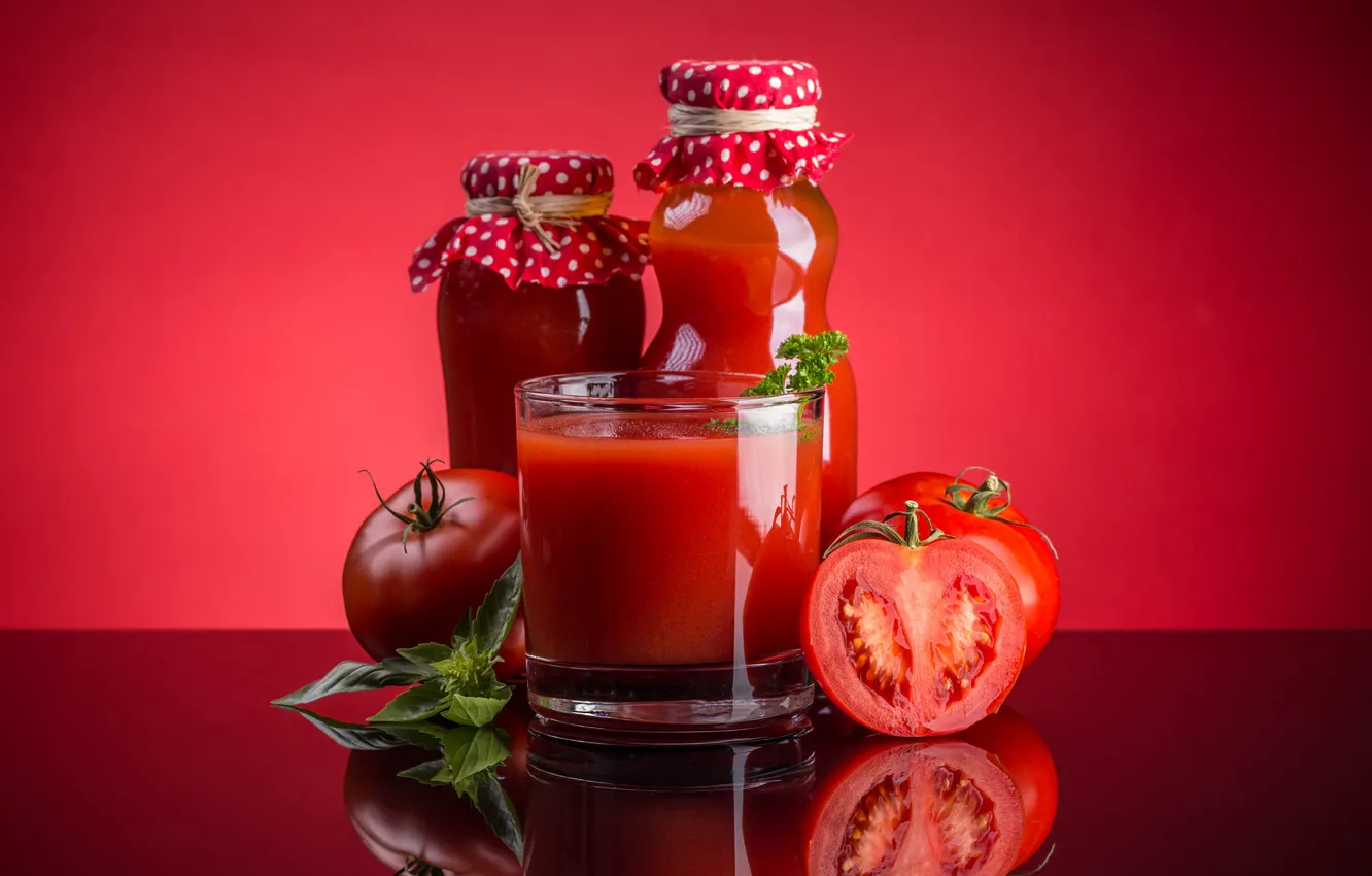 Photo wallpaper glass, reflection, table, bottle, tomatoes, red background, tomato juice, blank