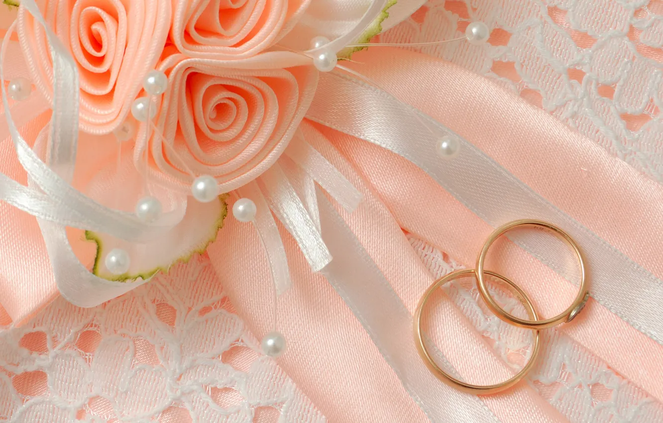 Photo wallpaper macro, flowers, bow, wedding, engagement rings
