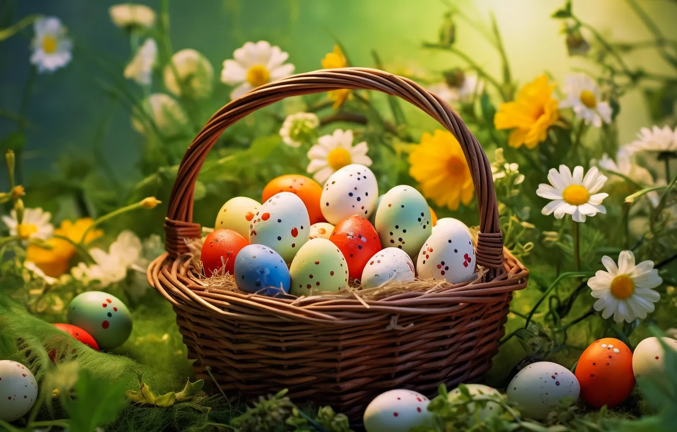 Photo wallpaper flowers, basket, glade, eggs, spring, colorful, Easter, happy