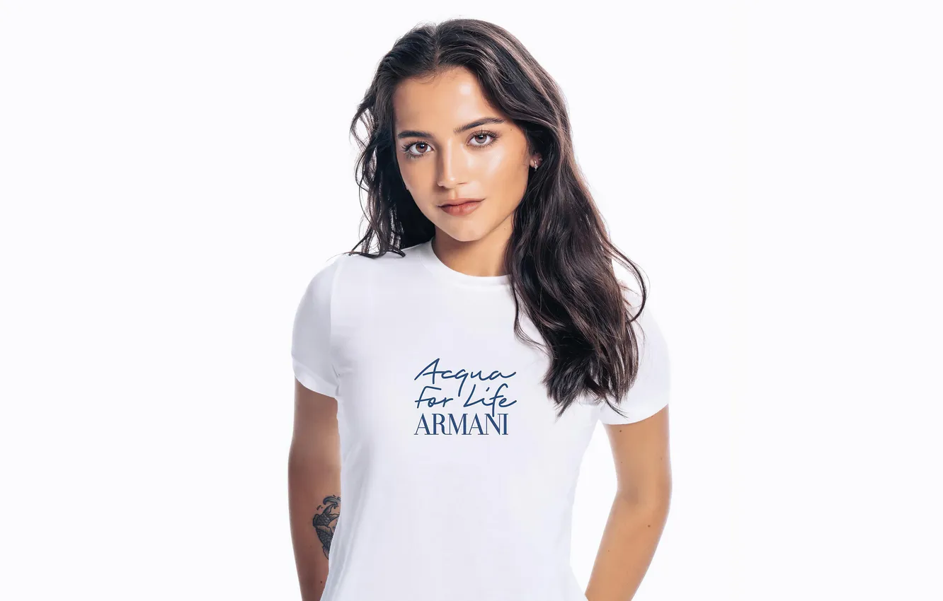Photo wallpaper look, makeup, actress, tattoo, singer, white background, Isabela Moner, Isabela Merced