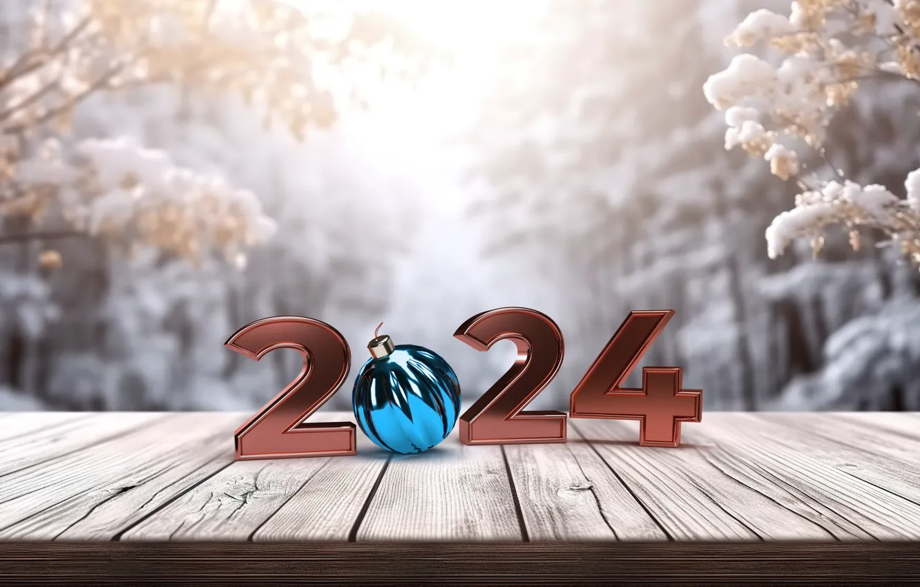 Photo wallpaper winter, snow, ball, New Year, Christmas, figures, golden, new year