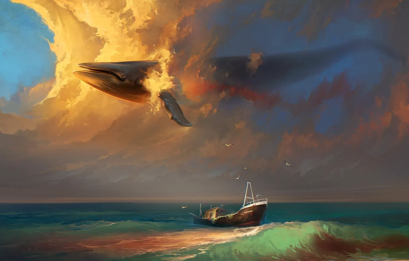 Photo wallpaper sea, wave, the sky, clouds, birds, surrealism, ship, seagulls