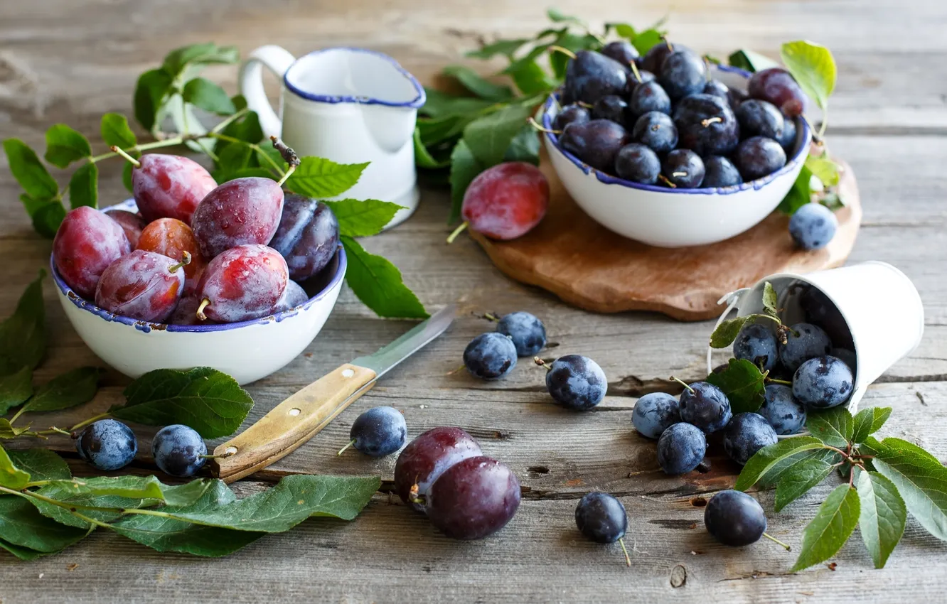 Photo wallpaper leaves, food, plate, dishes, fruit, plum