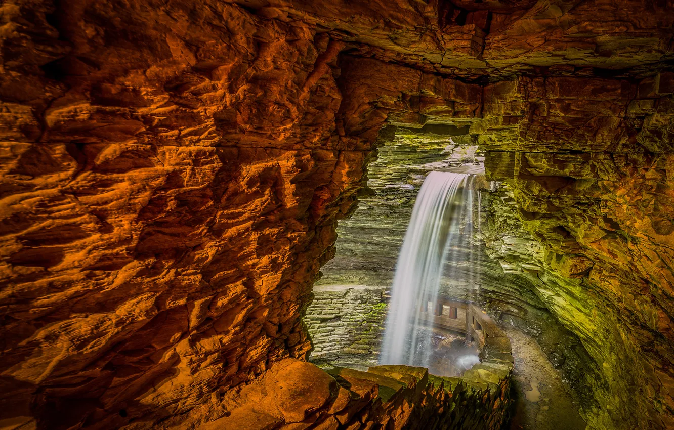 Photo wallpaper stones, rocks, waterfall, cave, Watkins Glen State Park, Cavern Cascade