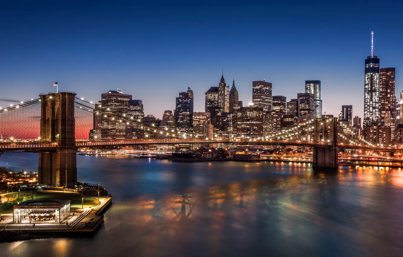 Photo wallpaper city, lights, USA, night, New York, Manhattan, Brooklyn Bridge, skyscrapers