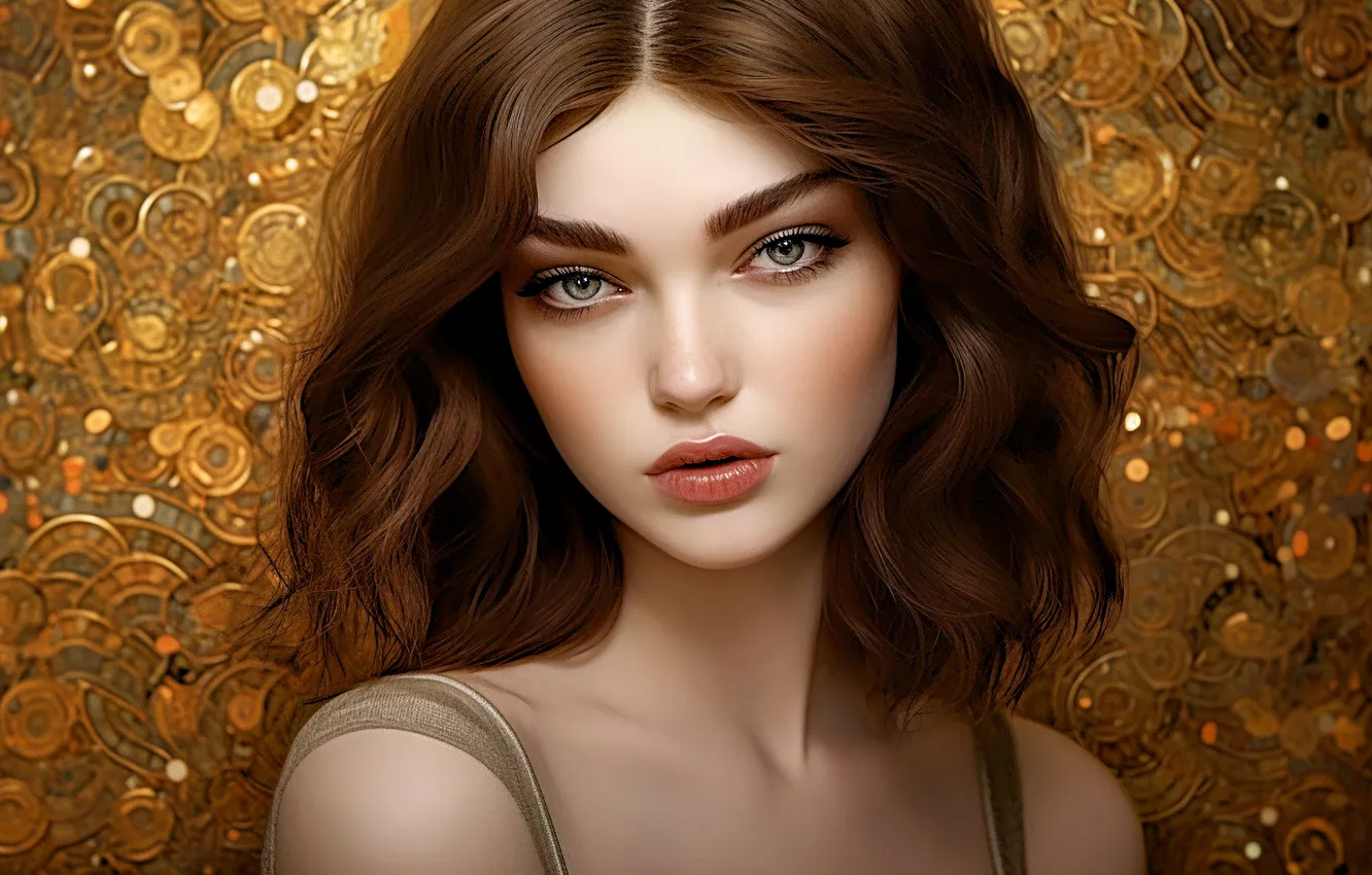 Photo wallpaper look, girl, face, portrait, brown hair, gold plated, shoulders, Golden background