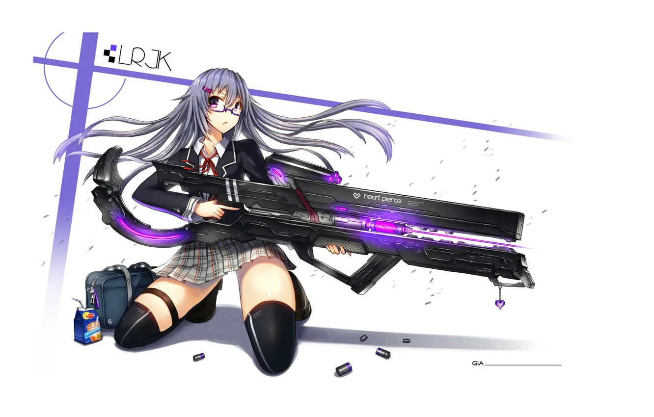 Photo wallpaper white background, laser, gun, schoolgirl, bag, keychain, sleeve, Gia
