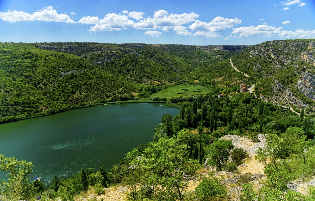 Photo wallpaper trees, lake, hills, height, forest, Croatia