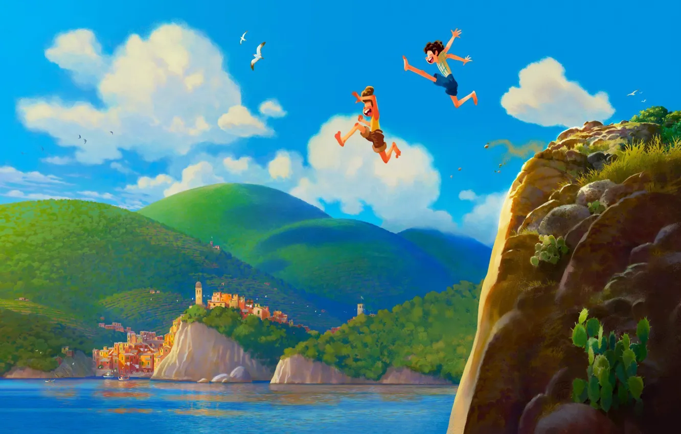 Photo wallpaper forest, nature, the city, the ocean, rocks, jump, hills, shore