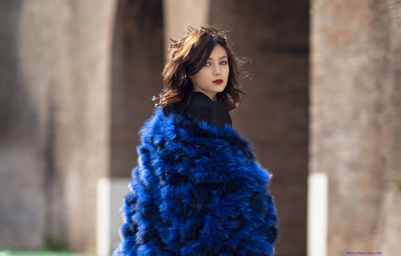 Photo wallpaper model, beautiful girl, bokeh, blue, charming brown-haired, Marco Maria Marcolini