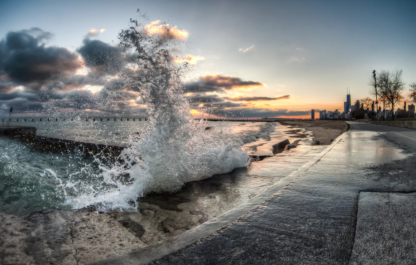 Photo wallpaper sea, the sky, clouds, squirt, the city, pierce