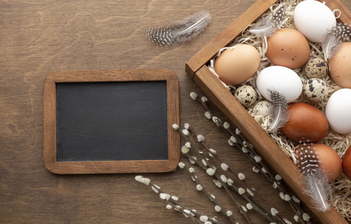 Photo wallpaper feathers, holiday, box, chicken, Easter, eggs, Board, frame