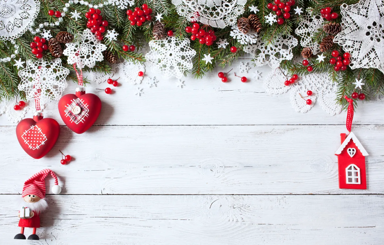 Photo wallpaper decoration, snowflakes, berries, tree, new year, Christmas, hearts, Christmas