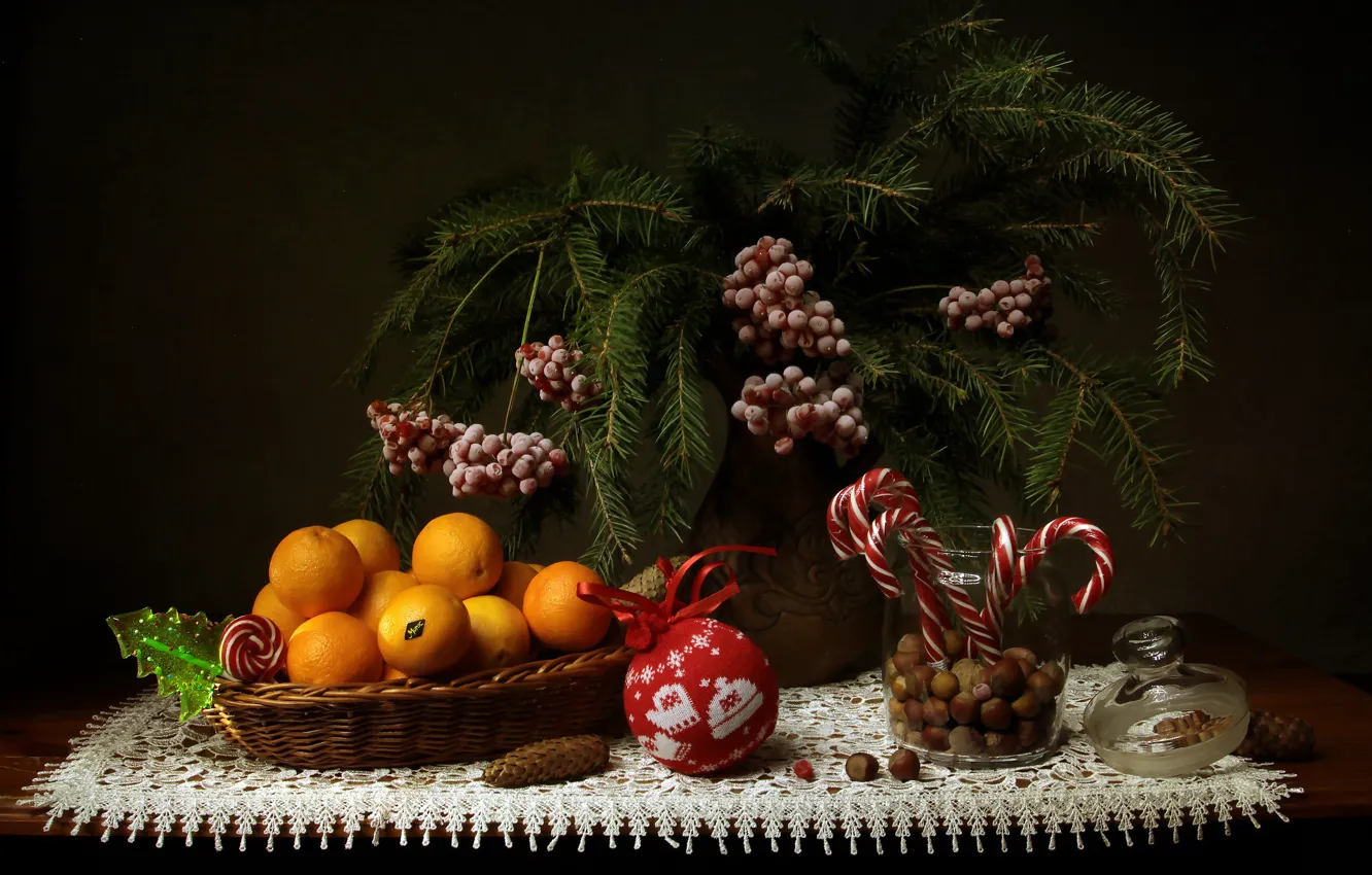 Photo wallpaper branches, berries, toy, new year, ball, Christmas, spruce, candy