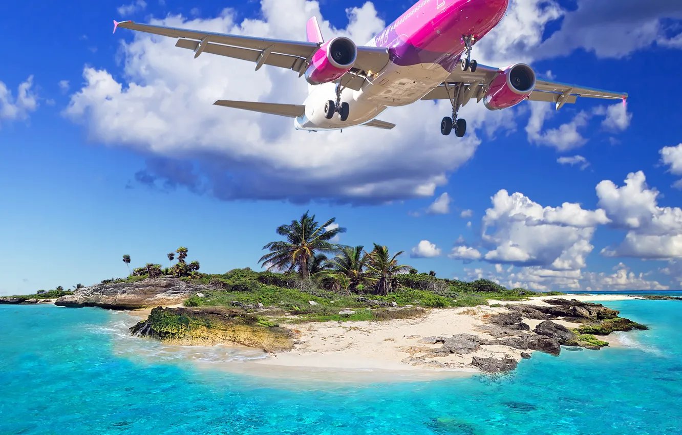 Photo wallpaper sea, beach, tropics, The plane, beach, sea, tropics, flying over the island