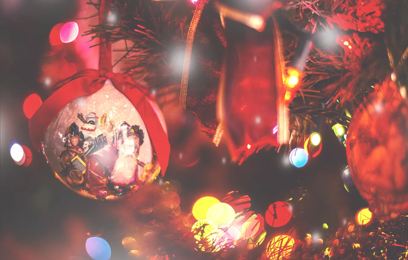 Photo wallpaper holiday, ball, lights, tape, tree, decoration, bokeh, Christmas