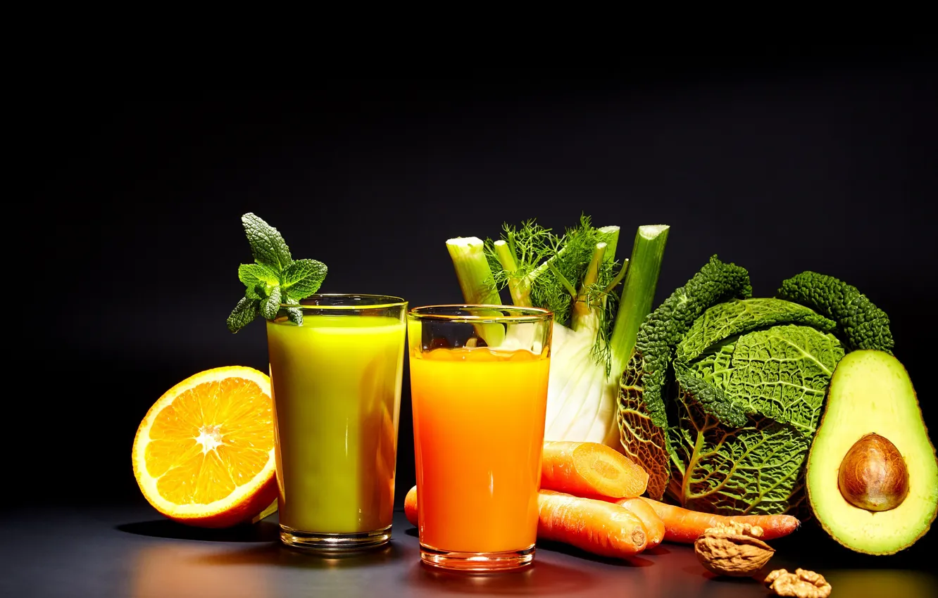 Photo wallpaper greens, orange, juice, citrus, cabbage, avocado