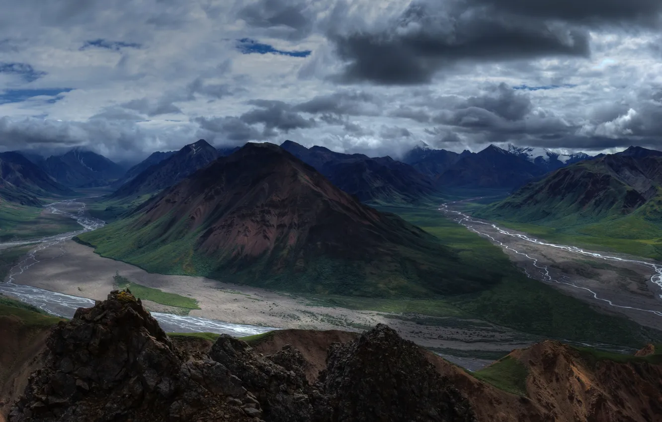 Photo wallpaper clouds, mountains, river, valley, Alaska, panorama, USA, Denali National Park
