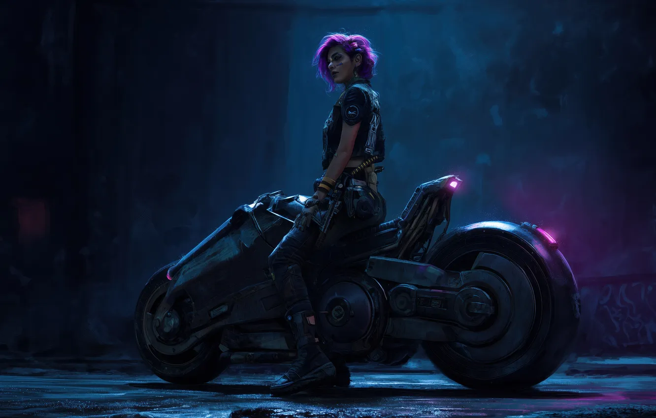 Photo wallpaper blue, motorcycle, cyberpunk, women, illustration, purple hair, AI art