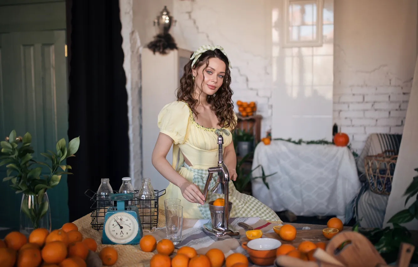 Photo wallpaper juice, model, women, brunette, table, plants, yellow dress, apron