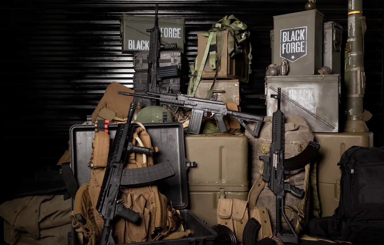Photo wallpaper weapons, composition, boxes, bags, grenades, stores, ammunition, machines