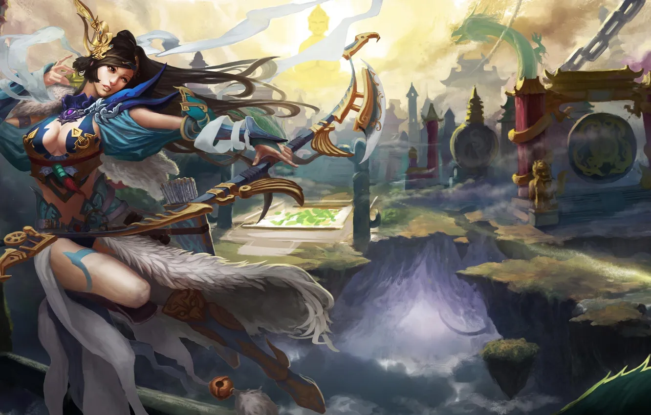 Photo wallpaper girl, open, dragon, Asia, bow, art, gorge, Chengyong Wang