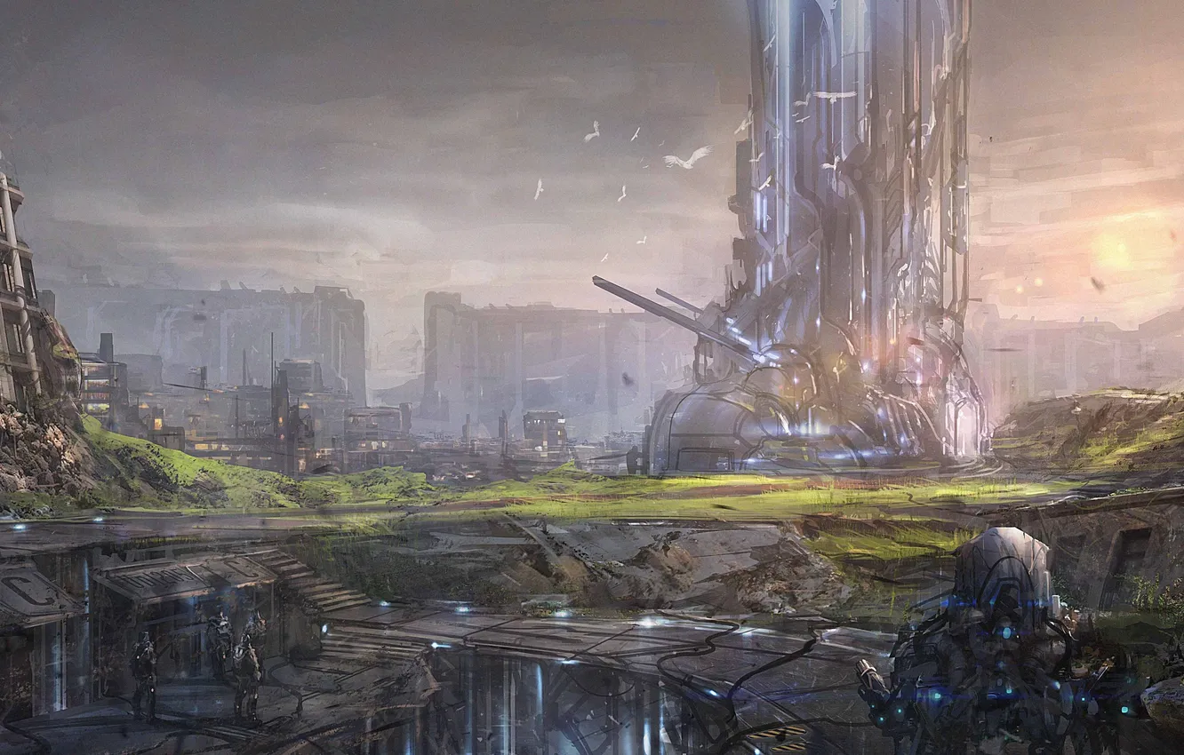 Photo wallpaper the city, robot, art, ruins, megapolis