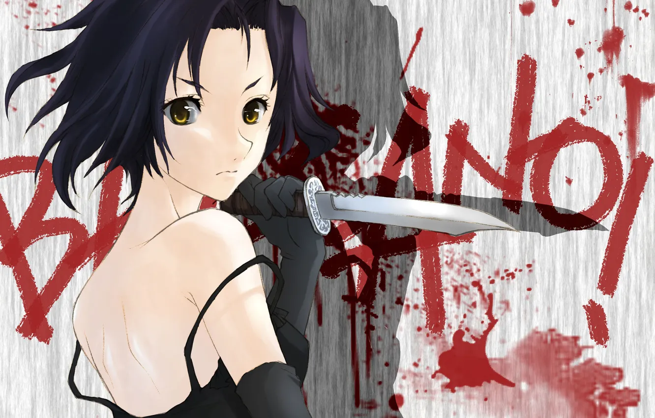 Photo wallpaper girl, weapons, wall, the inscription, blood, spot, knife, baccano!