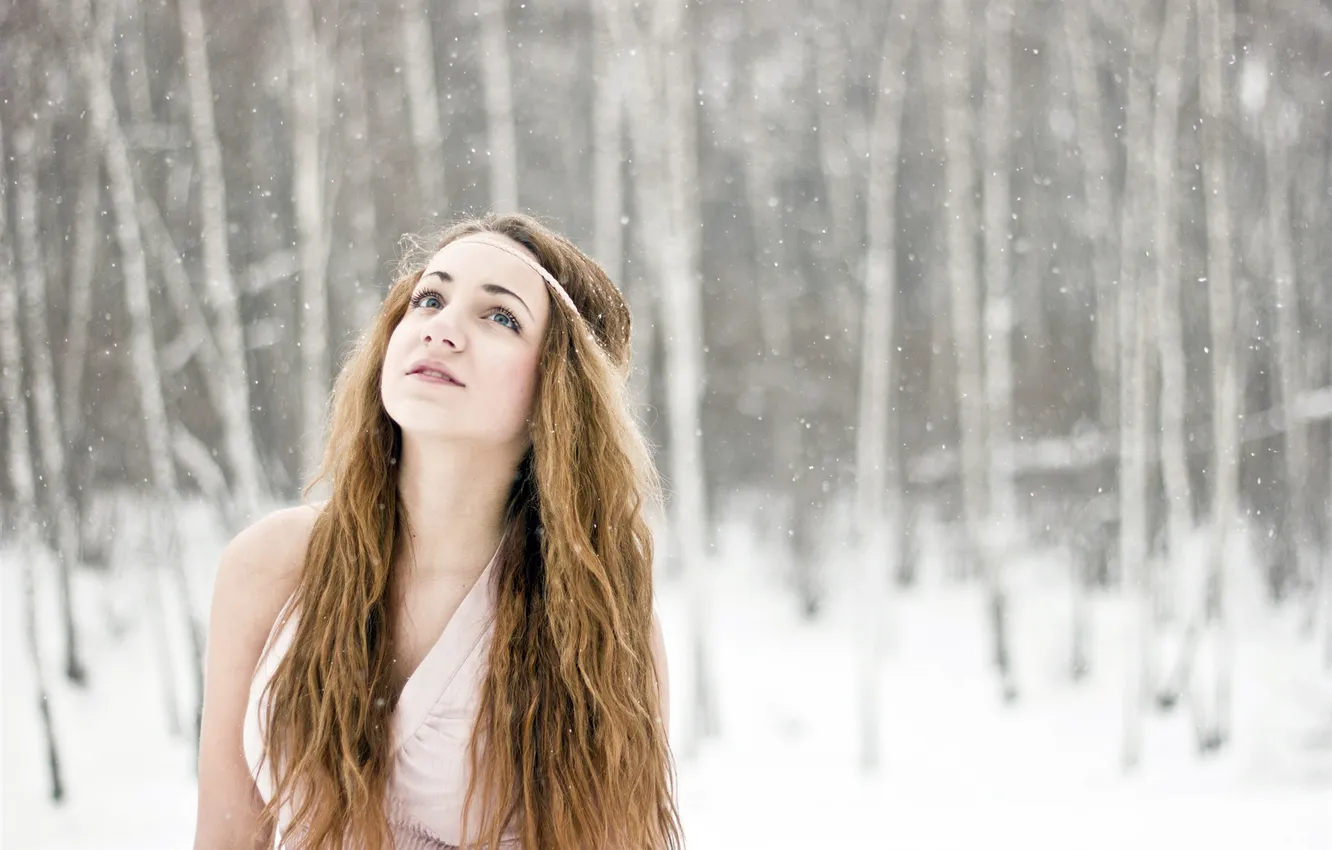 Photo wallpaper winter, forest, snow, dress, blonde, sundress