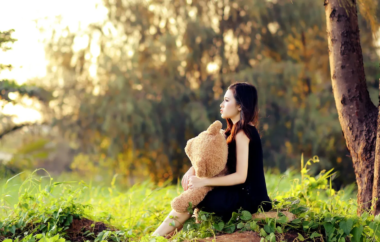 Photo wallpaper girl, bear, Asian
