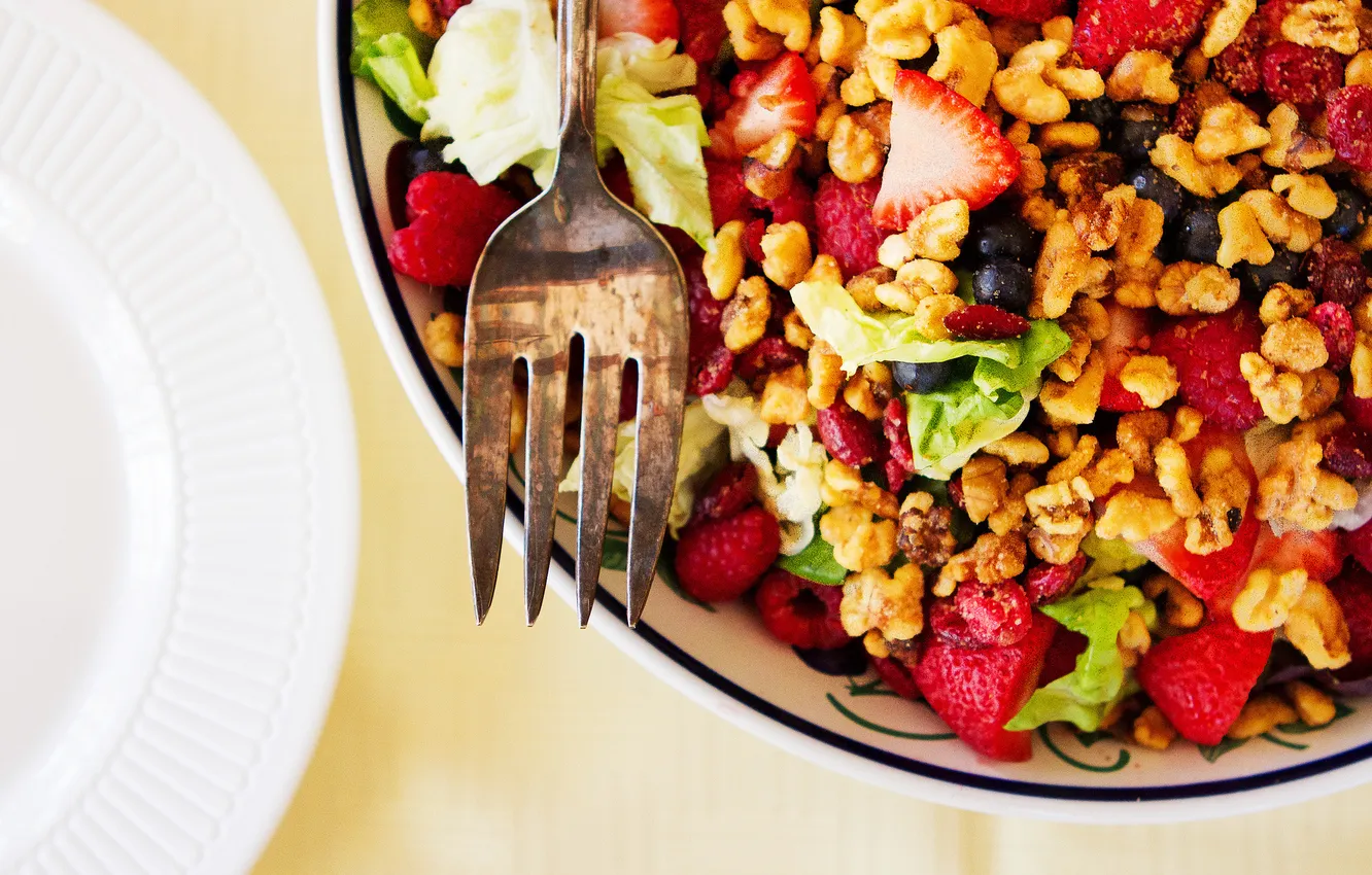 Photo wallpaper berries, food, Breakfast, bowl, plug, muesli