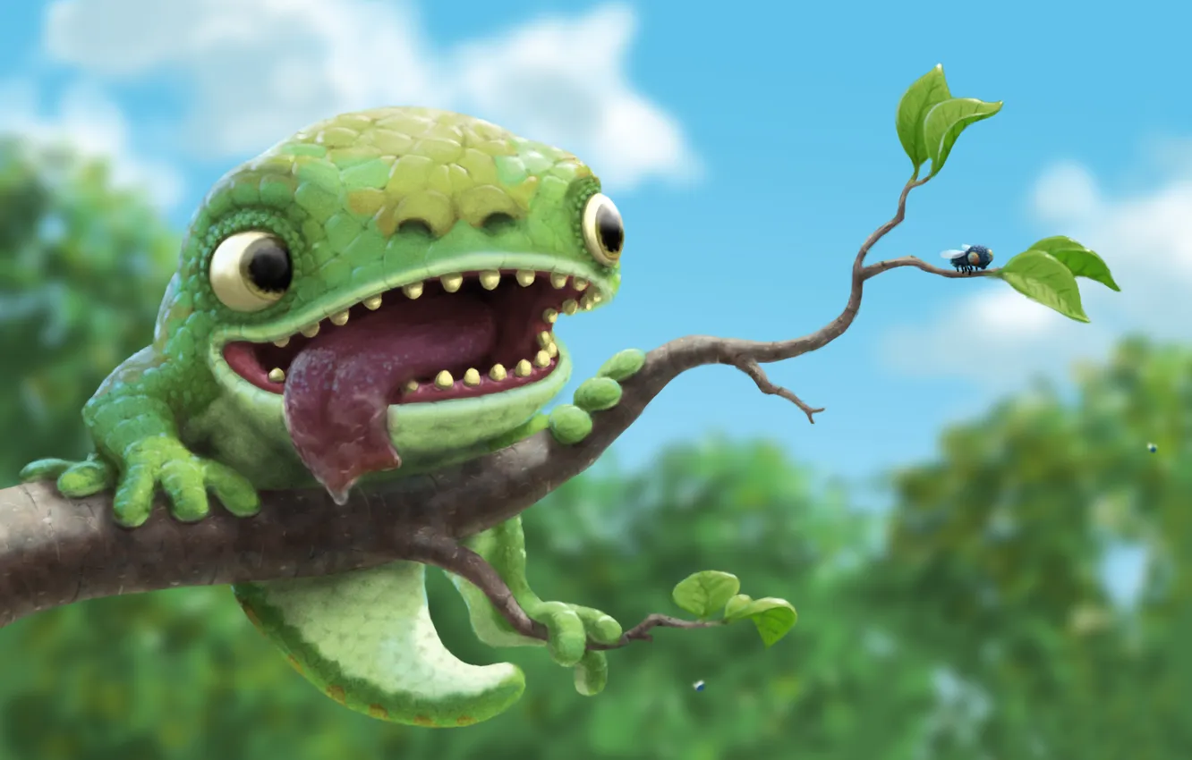 Photo wallpaper forest, language, branches, fly, lizard, appetizer