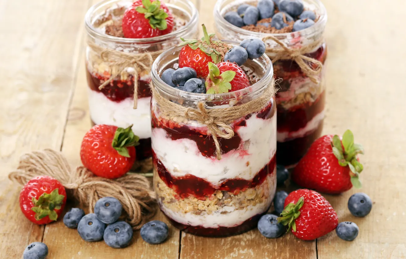 Photo wallpaper berries, strawberry, jars, dessert, blueberries