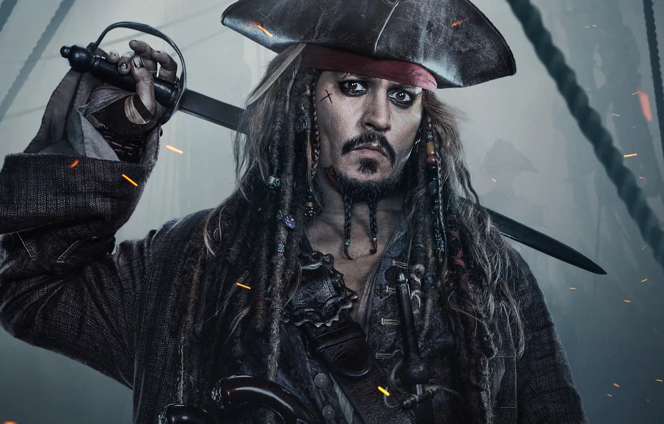 Photo wallpaper fog, gun, Johnny Depp, hat, fantasy, sparks, rope, captain