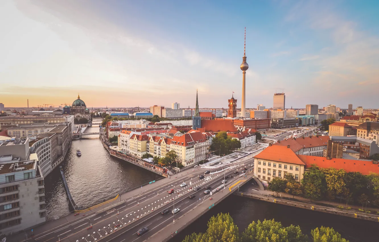 Photo wallpaper German, river, sky, cars, bridge, Germany, clouds, houses