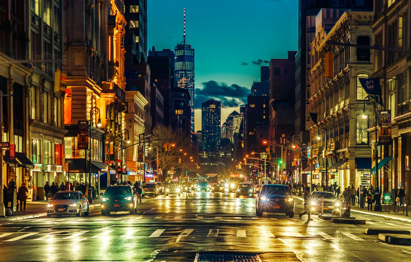 Photo wallpaper machine, night, the city, lights, street, people, building