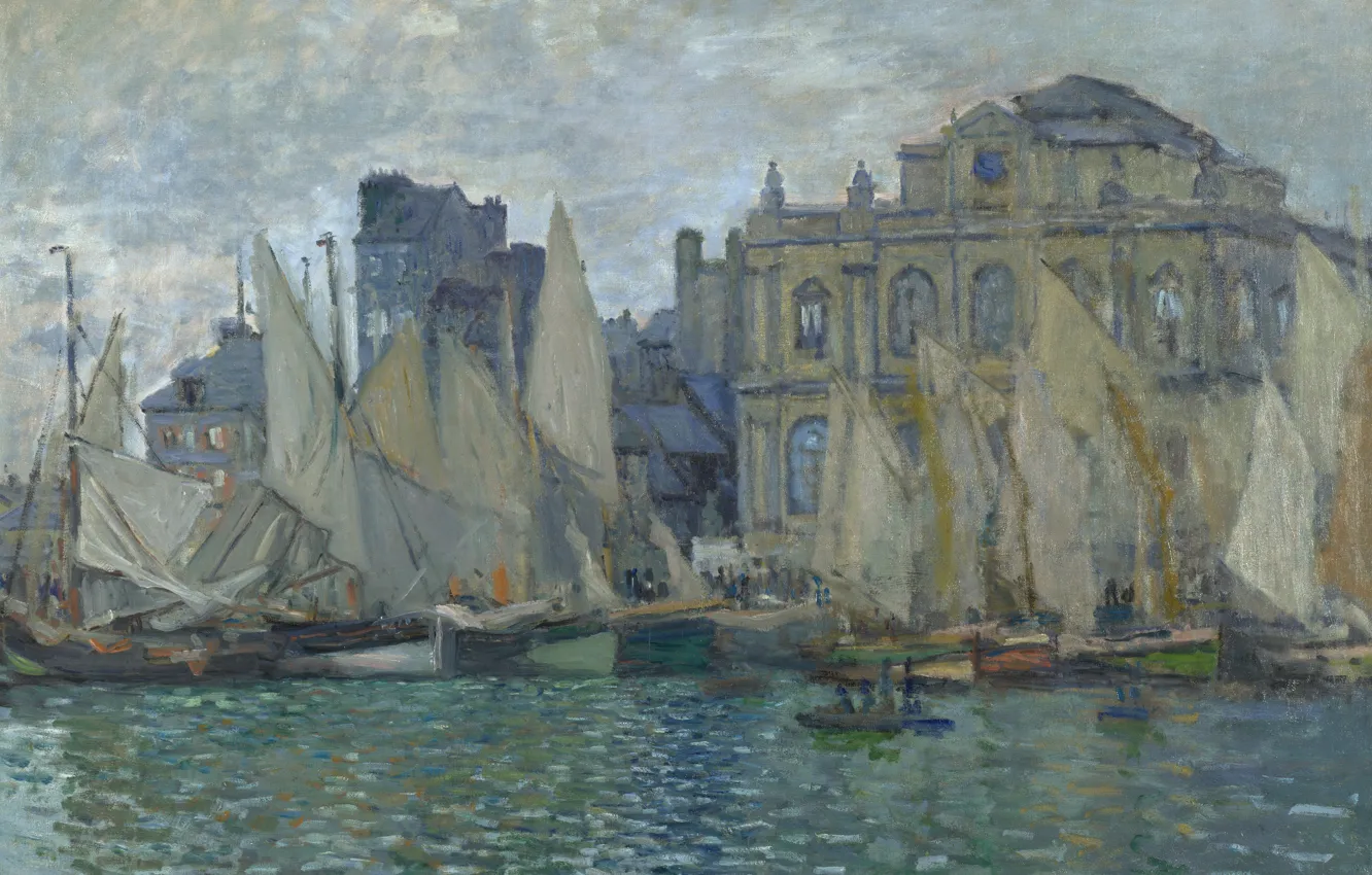 Photo wallpaper sea, boat, picture, sail, the urban landscape, Claude Monet, The Museum Of Le Havre